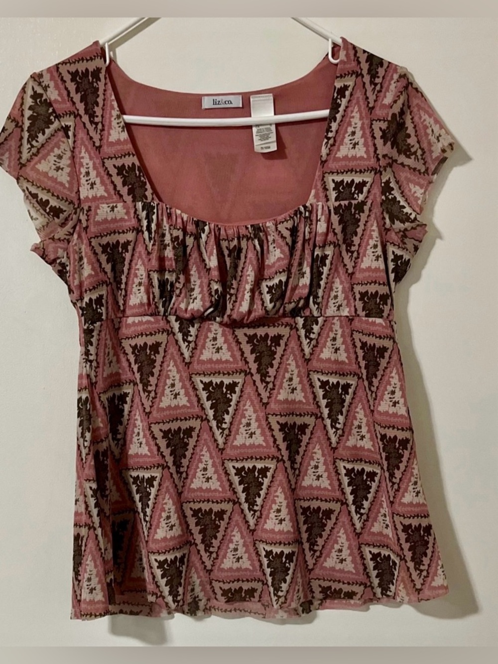 Liz & Co Pink & Brown Geometric Scoop Neck Short Sleeve Top